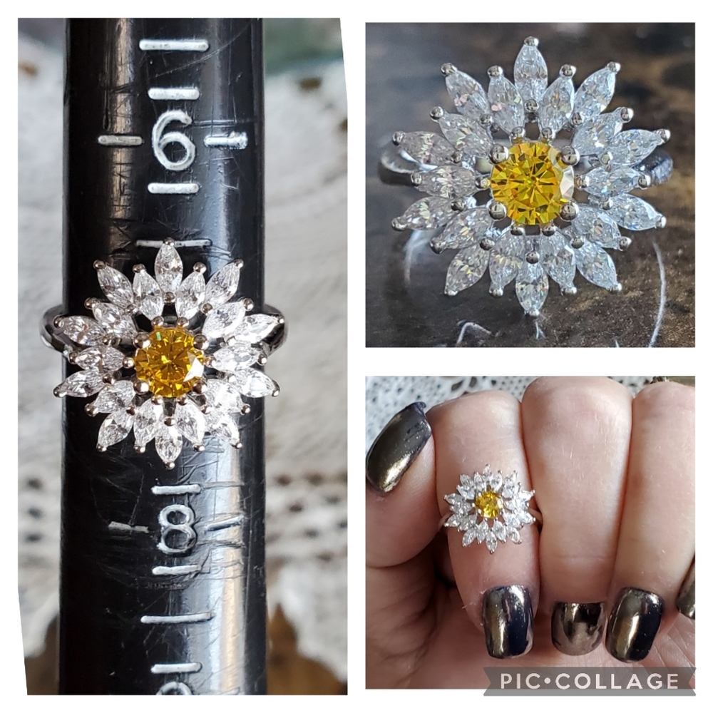 Genuine 5ct Canary and White Sapphire Starburst Ring Size 7 - Picture 8 of 8